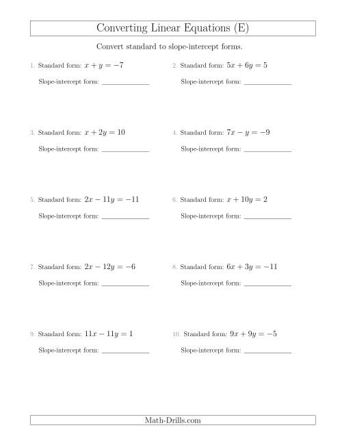 The Converting from Standard to Slope-Intercept Form (E) Math Worksheet