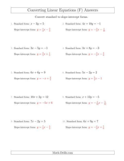 The Converting from Standard to Slope-Intercept Form (F) Math Worksheet Page 2