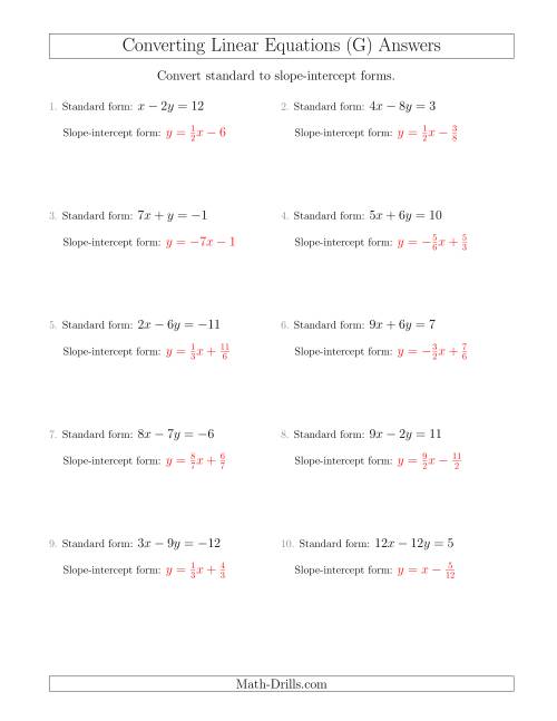 The Converting from Standard to Slope-Intercept Form (G) Math Worksheet Page 2
