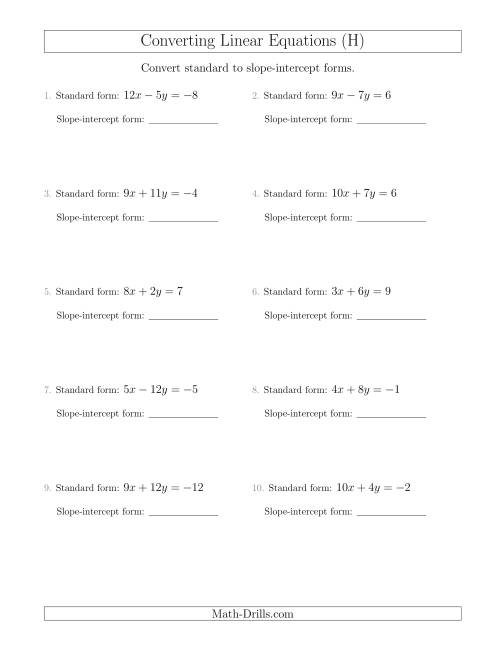 The Converting from Standard to Slope-Intercept Form (H) Math Worksheet