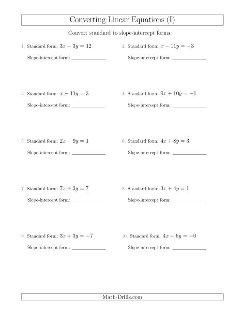 The Converting from Standard to Slope-Intercept Form (I) Math Worksheet