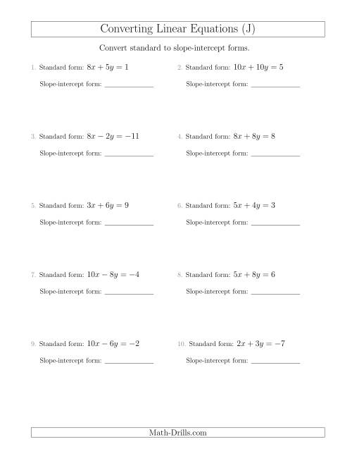 The Converting from Standard to Slope-Intercept Form (J) Math Worksheet