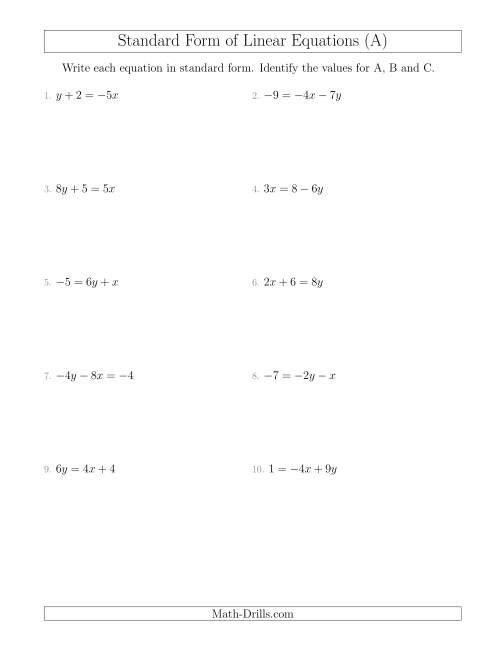 standard form equation of a line worksheet Rewriting Linear Equations in Standard Form (A)
