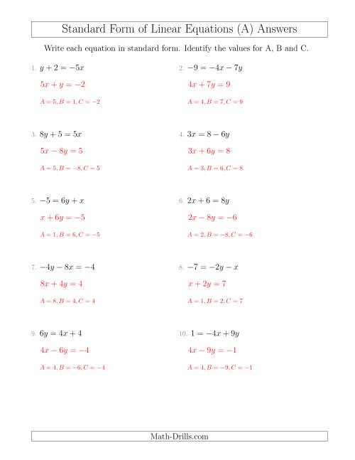 The Rewriting Linear Equations in Standard Form (A) Math Worksheet Page 2