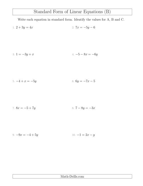 The Rewriting Linear Equations in Standard Form (B) Math Worksheet