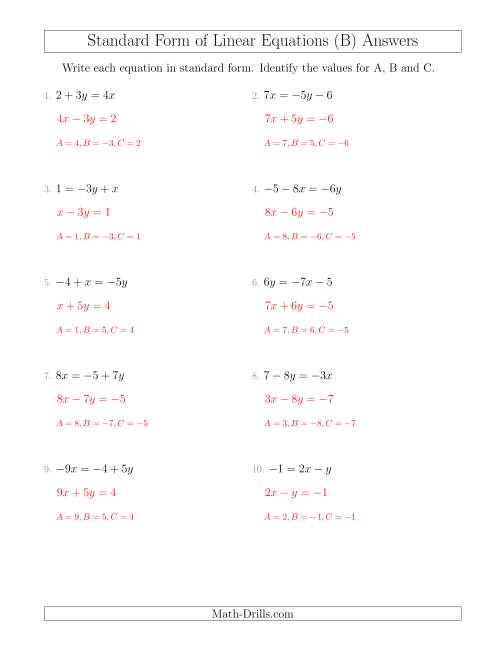 The Rewriting Linear Equations in Standard Form (B) Math Worksheet Page 2