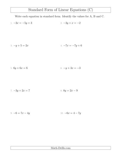 The Rewriting Linear Equations in Standard Form (C) Math Worksheet