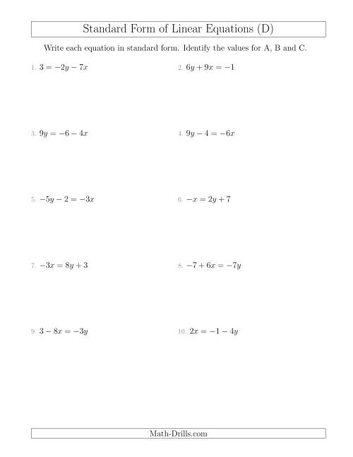 The Rewriting Linear Equations in Standard Form (D) Math Worksheet