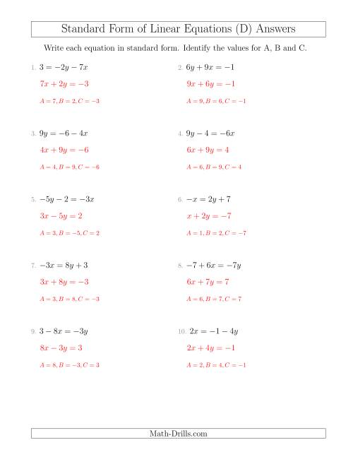 The Rewriting Linear Equations in Standard Form (D) Math Worksheet Page 2