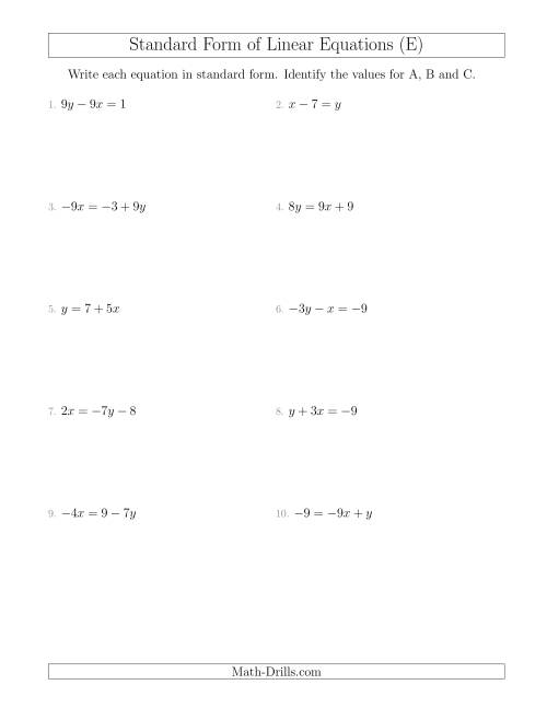 The Rewriting Linear Equations in Standard Form (E) Math Worksheet
