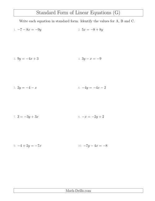 The Rewriting Linear Equations in Standard Form (G) Math Worksheet