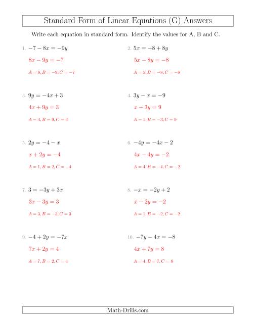 The Rewriting Linear Equations in Standard Form (G) Math Worksheet Page 2