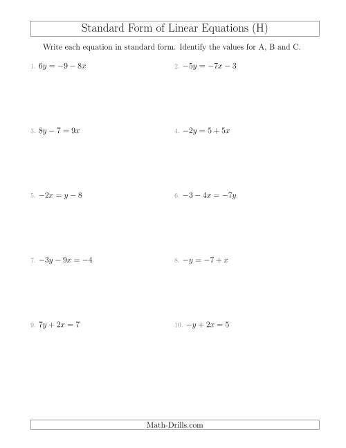 The Rewriting Linear Equations in Standard Form (H) Math Worksheet