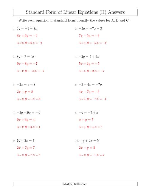 The Rewriting Linear Equations in Standard Form (H) Math Worksheet Page 2