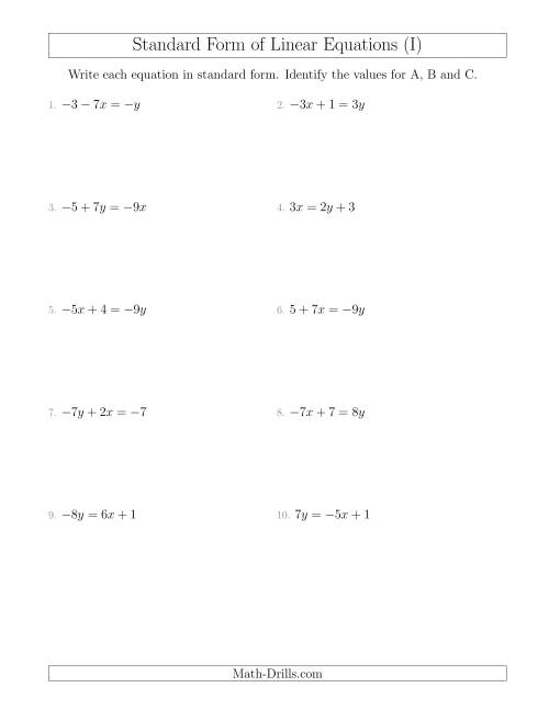 The Rewriting Linear Equations in Standard Form (I) Math Worksheet