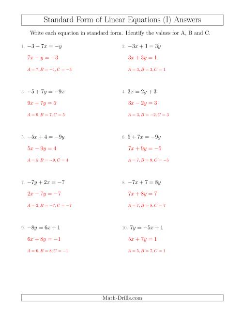 The Rewriting Linear Equations in Standard Form (I) Math Worksheet Page 2