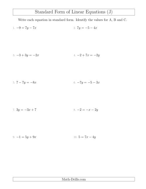 The Rewriting Linear Equations in Standard Form (J) Math Worksheet