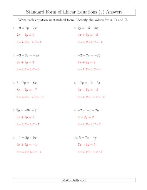 The Rewriting Linear Equations in Standard Form (J) Math Worksheet Page 2