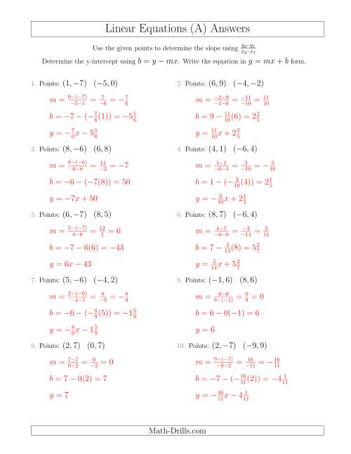 The Writing a Linear Equation from Two Points (A) Math Worksheet Page 2