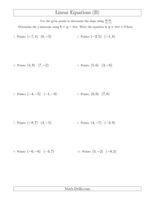 The Writing a Linear Equation from Two Points (B) Math Worksheet