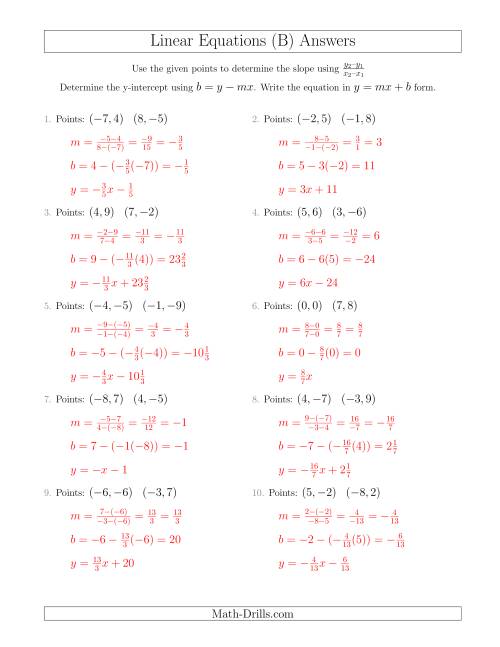 The Writing a Linear Equation from Two Points (B) Math Worksheet Page 2