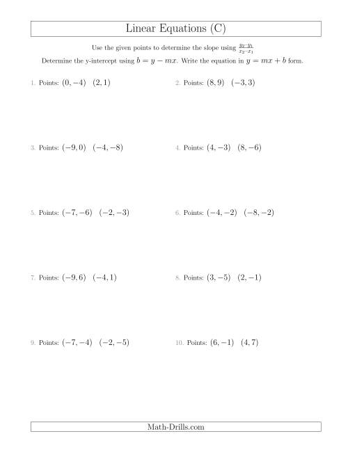 The Writing a Linear Equation from Two Points (C) Math Worksheet