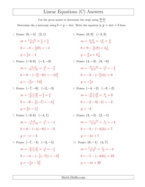 The Writing a Linear Equation from Two Points (C) Math Worksheet Page 2