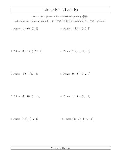 The Writing a Linear Equation from Two Points (E) Math Worksheet