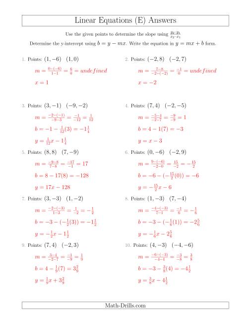 The Writing a Linear Equation from Two Points (E) Math Worksheet Page 2