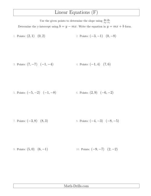 The Writing a Linear Equation from Two Points (F) Math Worksheet