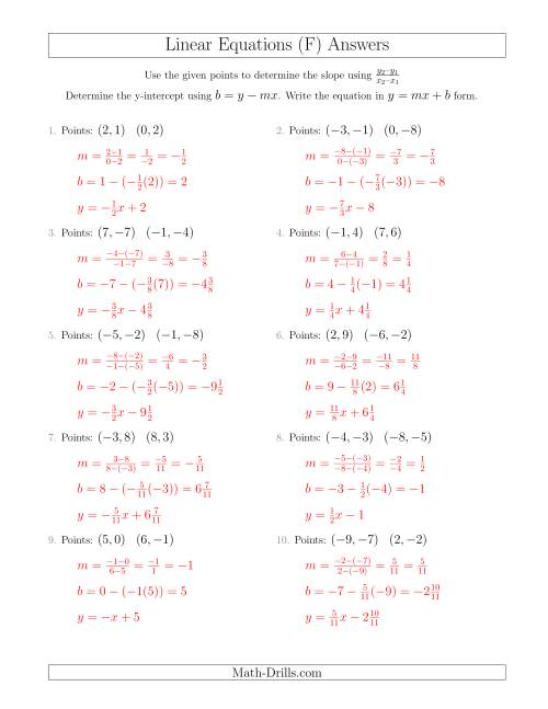 The Writing a Linear Equation from Two Points (F) Math Worksheet Page 2