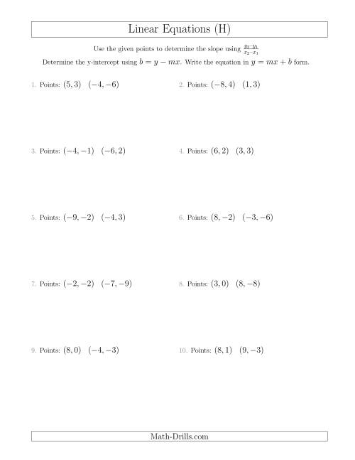 The Writing a Linear Equation from Two Points (H) Math Worksheet