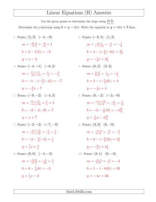 The Writing a Linear Equation from Two Points (H) Math Worksheet Page 2