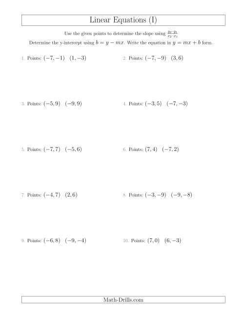 The Writing a Linear Equation from Two Points (I) Math Worksheet