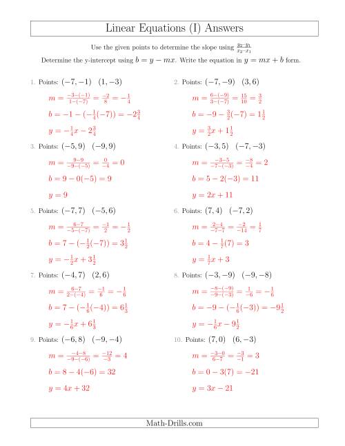 The Writing a Linear Equation from Two Points (I) Math Worksheet Page 2