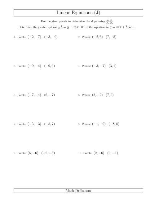 The Writing a Linear Equation from Two Points (J) Math Worksheet