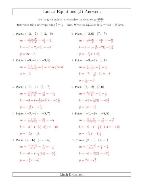 The Writing a Linear Equation from Two Points (J) Math Worksheet Page 2