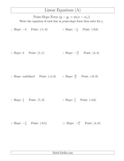 The Writing a Linear Equation from the Slope and a Point (A) Math Worksheet