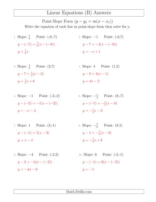The Writing a Linear Equation from the Slope and a Point (B) Math Worksheet Page 2