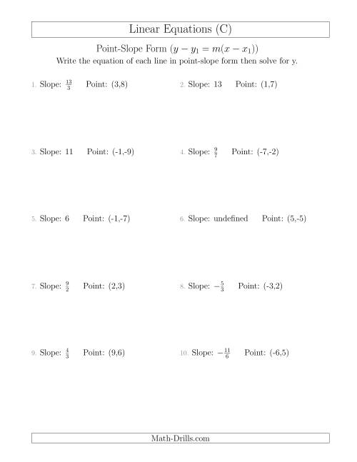 The Writing a Linear Equation from the Slope and a Point (C) Math Worksheet