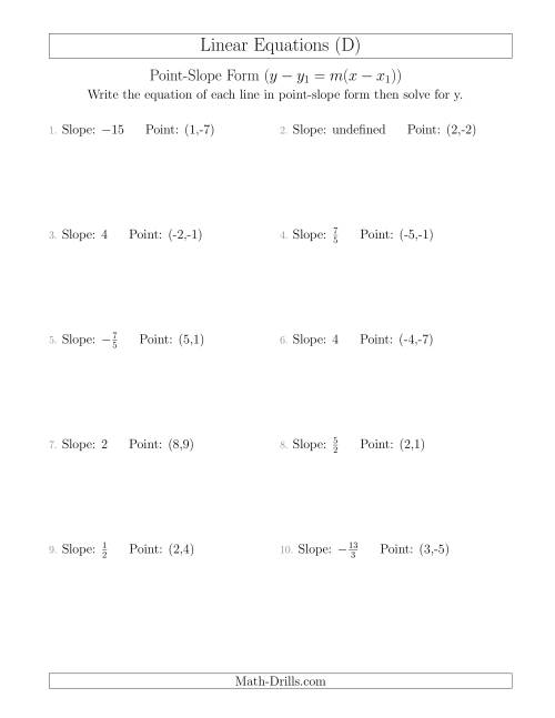 The Writing a Linear Equation from the Slope and a Point (D) Math Worksheet