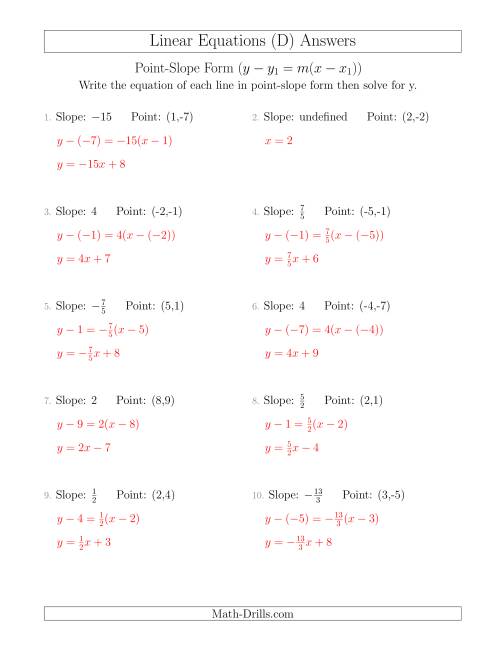 The Writing a Linear Equation from the Slope and a Point (D) Math Worksheet Page 2