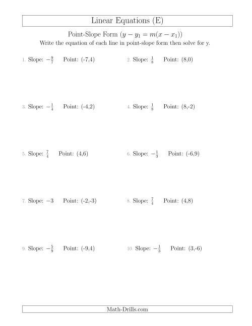 The Writing a Linear Equation from the Slope and a Point (E) Math Worksheet