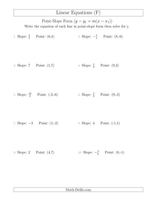 The Writing a Linear Equation from the Slope and a Point (F) Math Worksheet