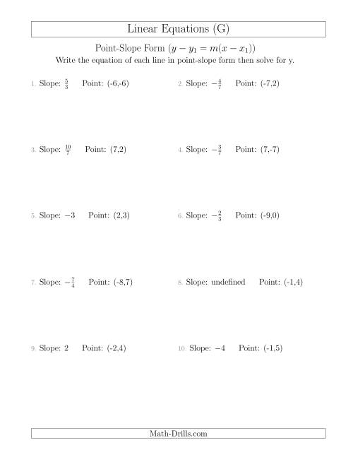 The Writing a Linear Equation from the Slope and a Point (G) Math Worksheet