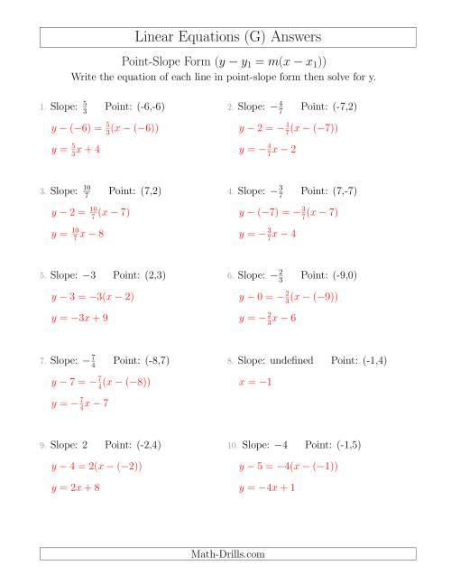 The Writing a Linear Equation from the Slope and a Point (G) Math Worksheet Page 2