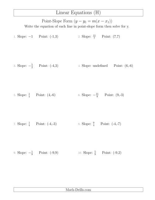 The Writing a Linear Equation from the Slope and a Point (H) Math Worksheet
