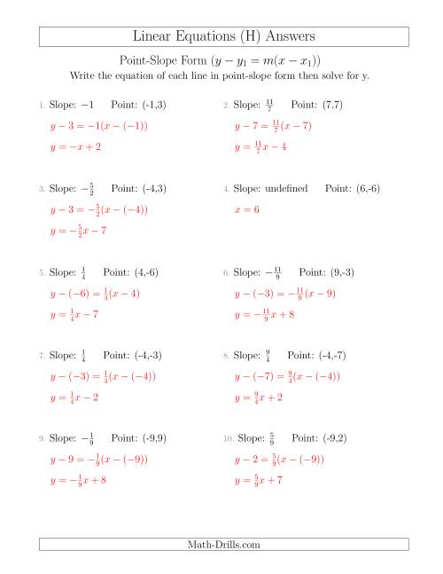 The Writing a Linear Equation from the Slope and a Point (H) Math Worksheet Page 2