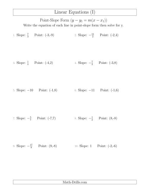 The Writing a Linear Equation from the Slope and a Point (I) Math Worksheet
