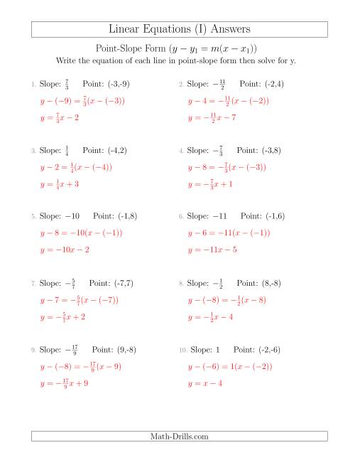 The Writing a Linear Equation from the Slope and a Point (I) Math Worksheet Page 2